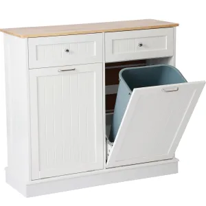 KIGOTY Double Tilt Out Trash Cabinet, Pet Proof Trash Can Cabinet with Countertop and Drawer, Trash Cabinets with Storage,Wooden Laundry Hamper for Kitchen,White