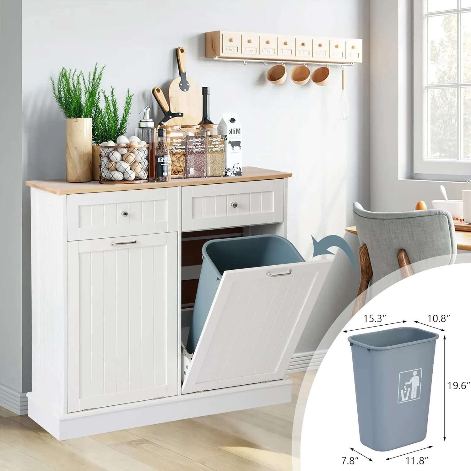 KIGOTY Double Tilt Out Trash Cabinet, Pet Proof Trash Can Cabinet with Countertop and Drawer, Trash Cabinets with Storage,Wooden Laundry Hamper for Kitchen,White