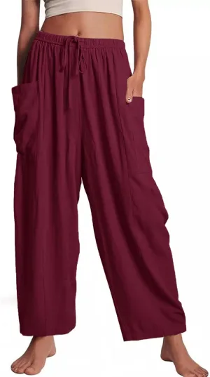Kissonic Womens Wide Leg Pants Casual Loose Drawstring Flowy Summer Beach Palazzo Harem Pants with Pockets