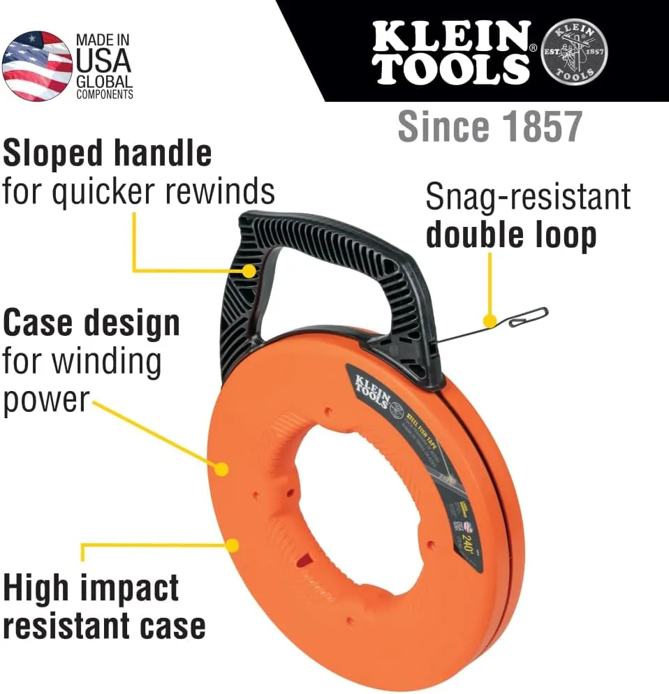 Klein Tools 56334 Electrical Fish Tape, Steel Wire Puller with Double Loop Tip, Optimized Housing and Handle for Heavy Duty Wire Pulls, 240-Foot