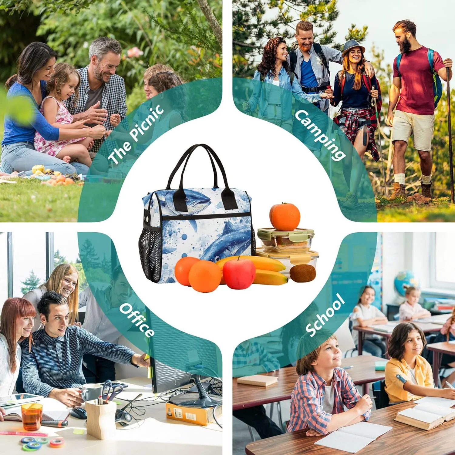 KLL Lunch Bags for Adults with Side Pocket Woman Lunch Bags with Shoulder Strap Lunch Box for Teen Boys Travel M Beauty Bluefin Tuna Fishes