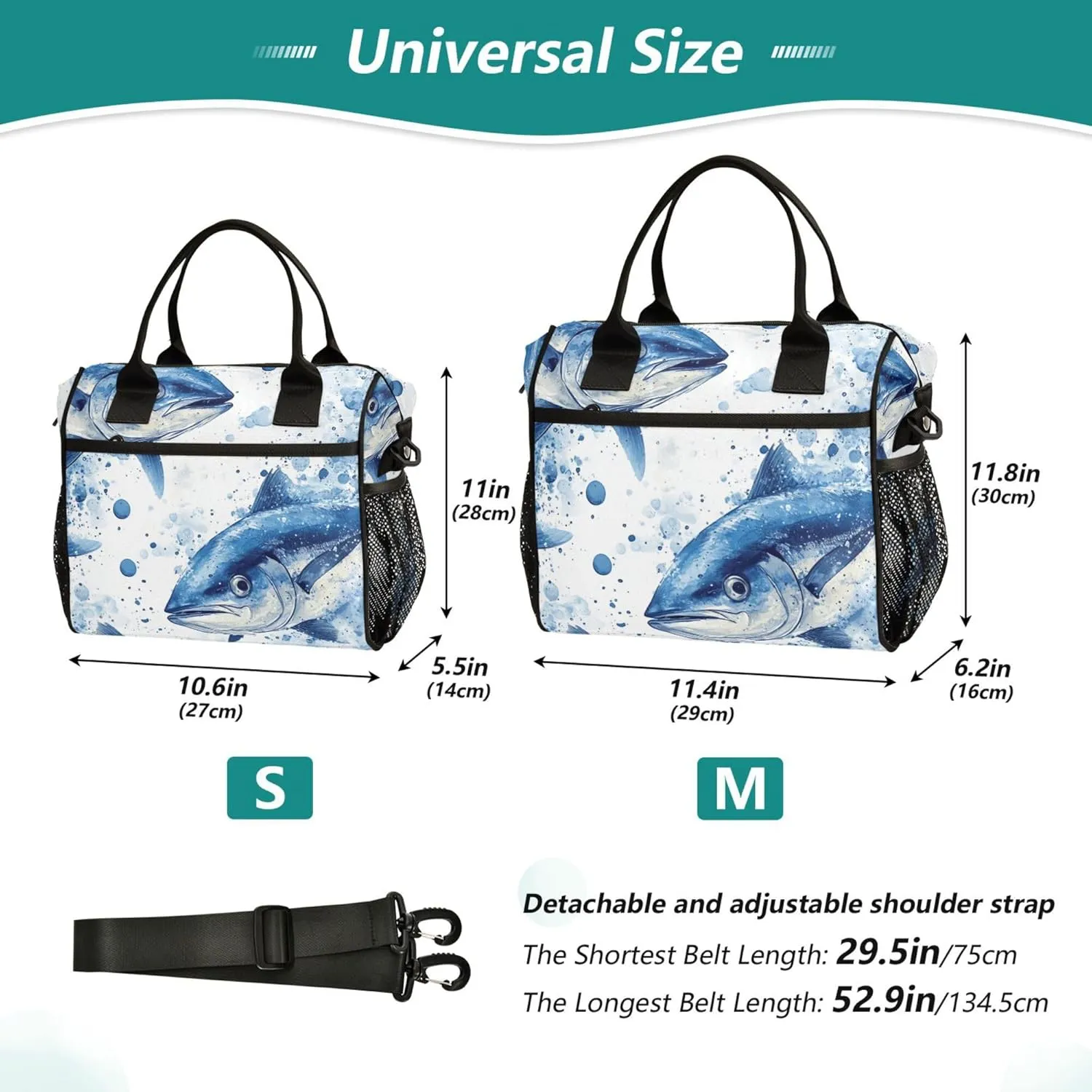 KLL Lunch Bags for Adults with Side Pocket Woman Lunch Bags with Shoulder Strap Lunch Box for Teen Boys Travel M Beauty Bluefin Tuna Fishes