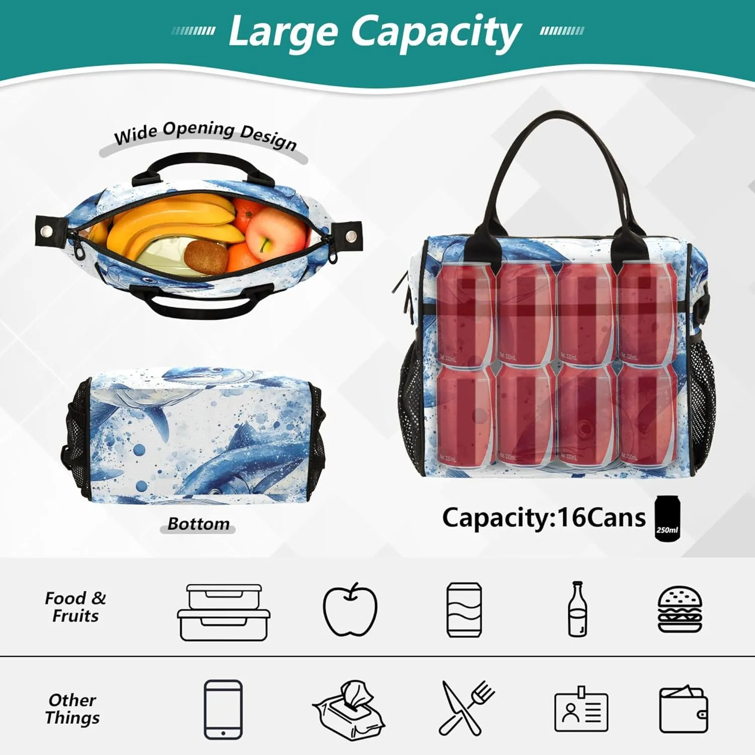 KLL Lunch Bags for Adults with Side Pocket Woman Lunch Bags with Shoulder Strap Lunch Box for Teen Boys Travel M Beauty Bluefin Tuna Fishes