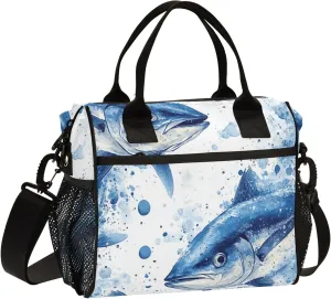 KLL Lunch Bags for Adults with Side Pocket Woman Lunch Bags with Shoulder Strap Lunch Box for Teen Boys Travel M Beauty Bluefin Tuna Fishes