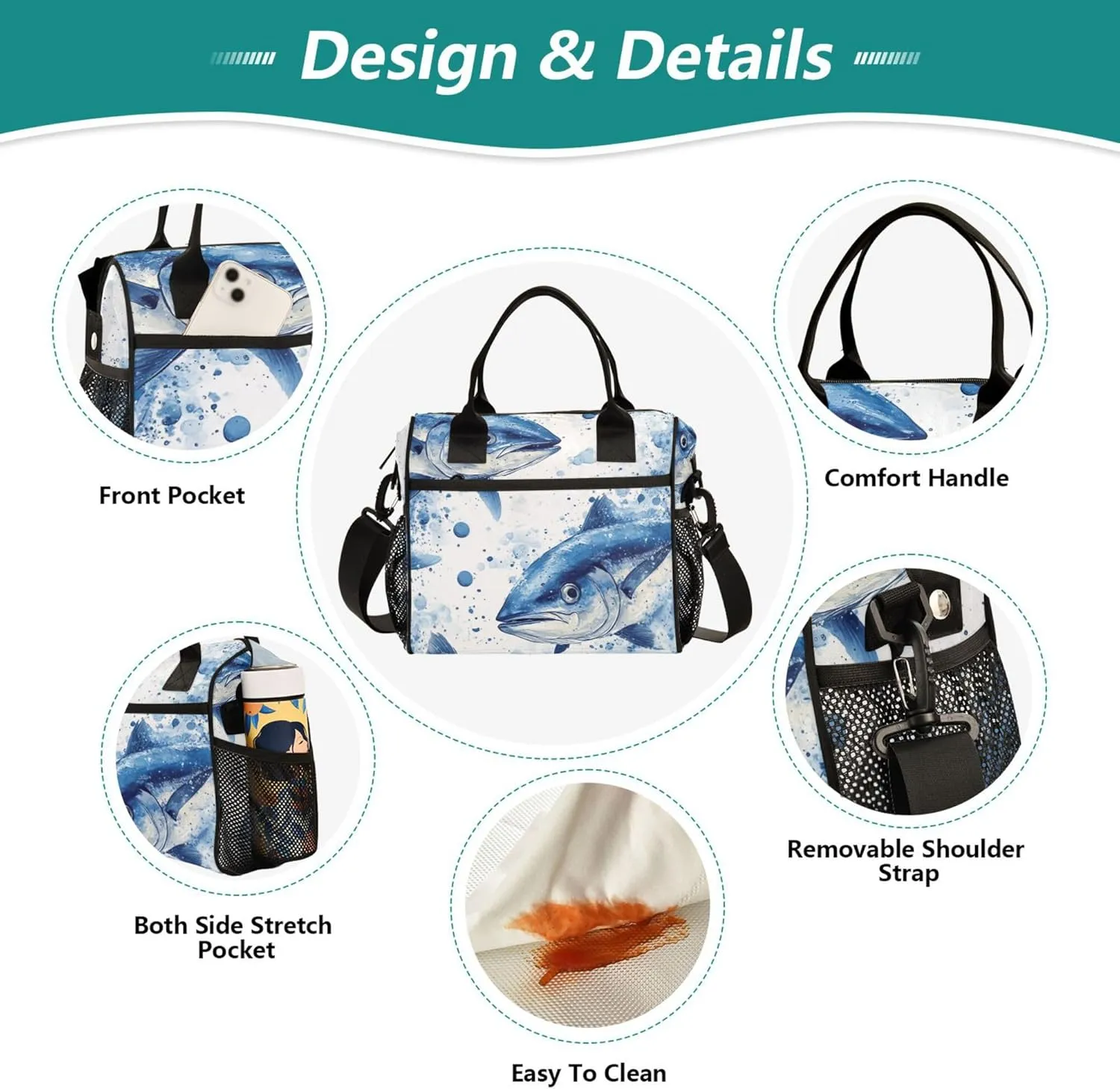 KLL Lunch Bags for Adults with Side Pocket Woman Lunch Bags with Shoulder Strap Lunch Box for Teen Boys Travel M Beauty Bluefin Tuna Fishes