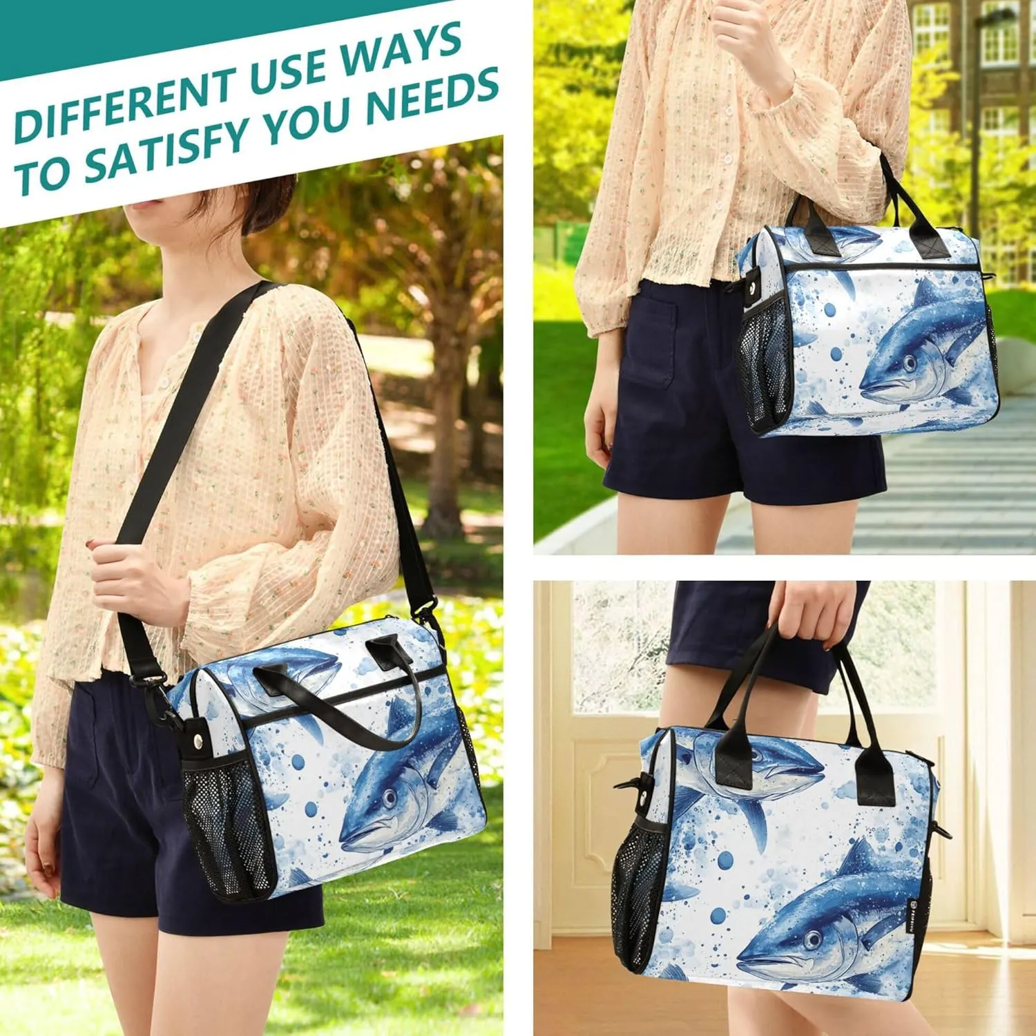 KLL Lunch Bags for Adults with Side Pocket Woman Lunch Bags with Shoulder Strap Lunch Box for Teen Boys Travel M Beauty Bluefin Tuna Fishes
