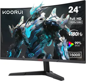KOORUI 24 inch Curved Gaming Monitor,FHD 1080P,1500R,180Hz,1ms VA Computer Monitors,Eye Care,Ultra-Thin Display,Adaptive Sync,99% sRGB,HDR10,HDMI2.0X2 /DP1.2,VESA Compatible,Tilt Adjustable,Black