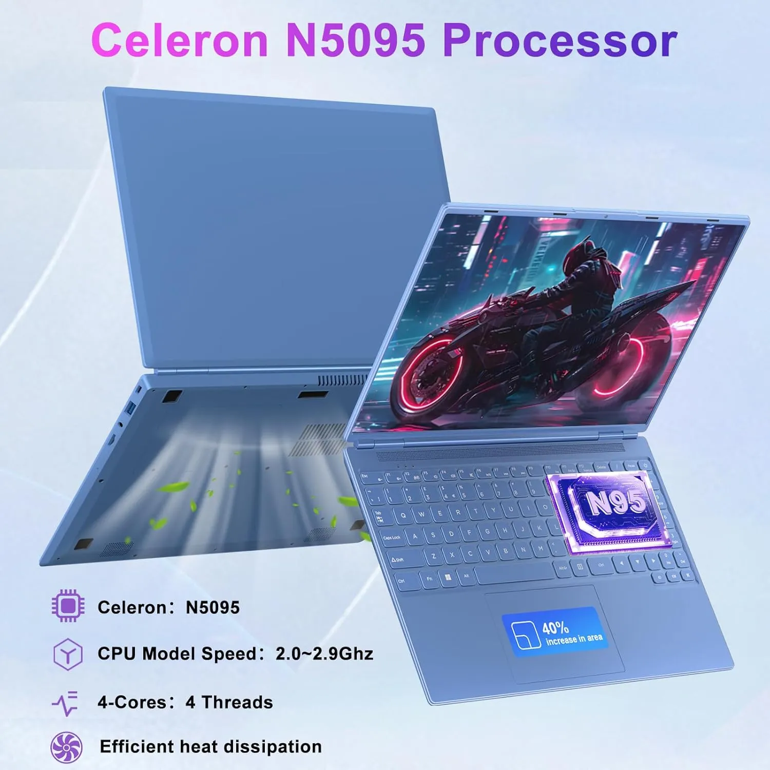 Laptop 16" 12GB 512GB SSD Celeron N5095 Up to 2.9 GHz Win 11 Laptop Support 512GB TF 1TB SSD Expand Notebook with 1920*1200 FHD 5G WiFi BT 4.2 Webcam Cooling Fan for Students and Business-Blue