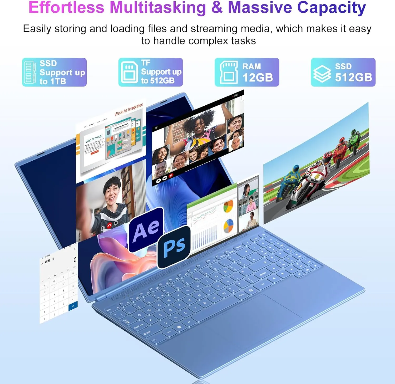 Laptop 16" 12GB 512GB SSD Celeron N5095 Up to 2.9 GHz Win 11 Laptop Support 512GB TF 1TB SSD Expand Notebook with 1920*1200 FHD 5G WiFi BT 4.2 Webcam Cooling Fan for Students and Business-Blue