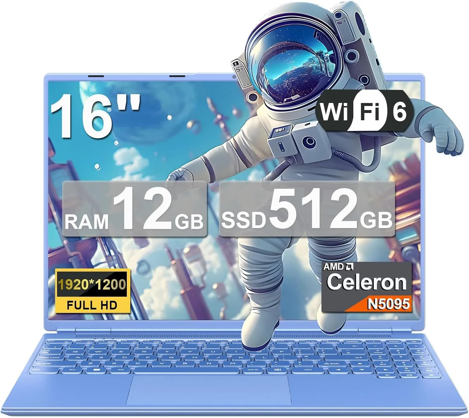 Laptop 16" 12GB 512GB SSD Celeron N5095 Up to 2.9 GHz Win 11 Laptop Support 512GB TF 1TB SSD Expand Notebook with 1920*1200 FHD 5G WiFi BT 4.2 Webcam Cooling Fan for Students and Business-Blue
