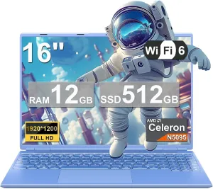 Laptop 16" 12GB 512GB SSD Celeron N5095 Up to 2.9 GHz Win 11 Laptop Support 512GB TF 1TB SSD Expand Notebook with 1920*1200 FHD 5G WiFi BT 4.2 Webcam Cooling Fan for Students and Business-Blue