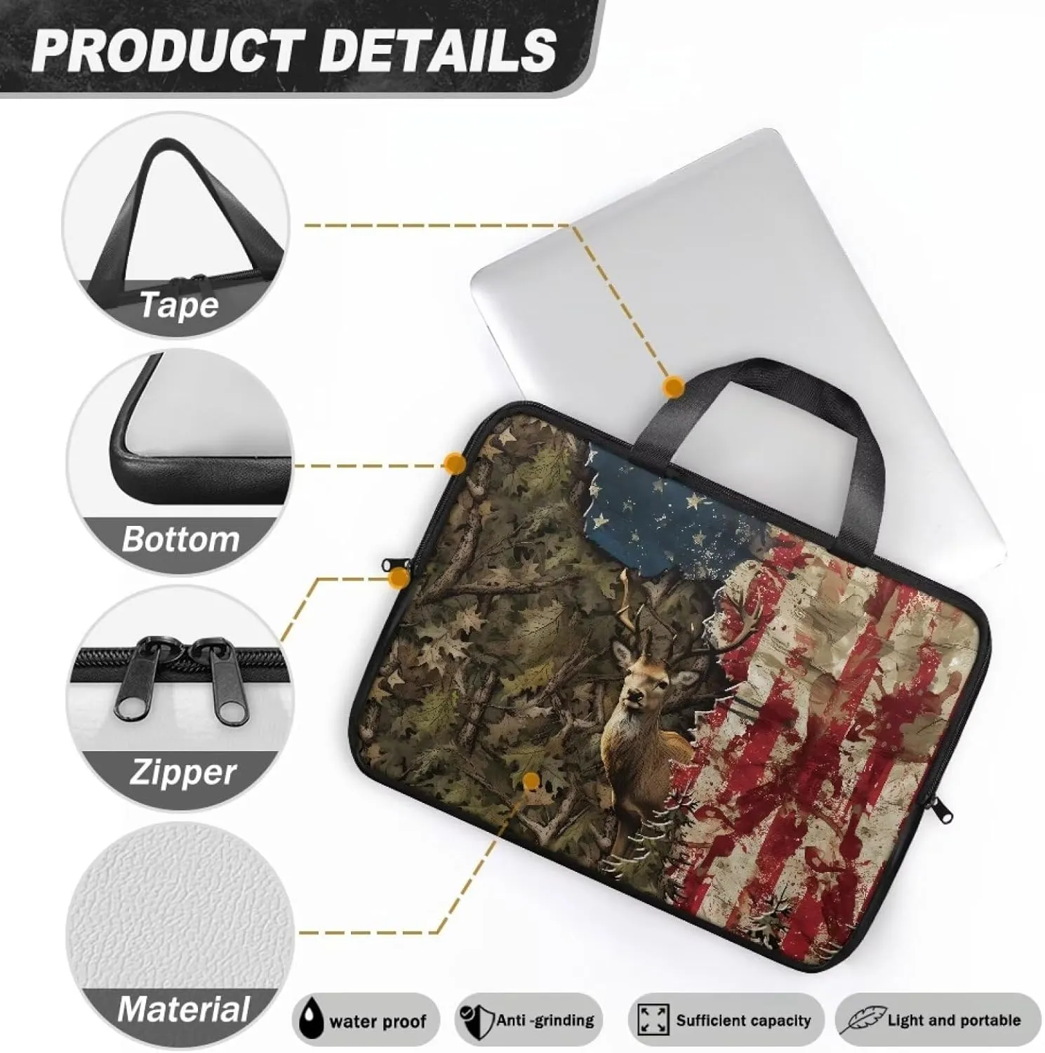Laptop Bag for Women Men Casual Carrying Bag Durable and Waterproof Briefcase Computer Case with Zipper and Handle Business Office Work Bag, Forest Camo American Flag Deer Print, 17 inch