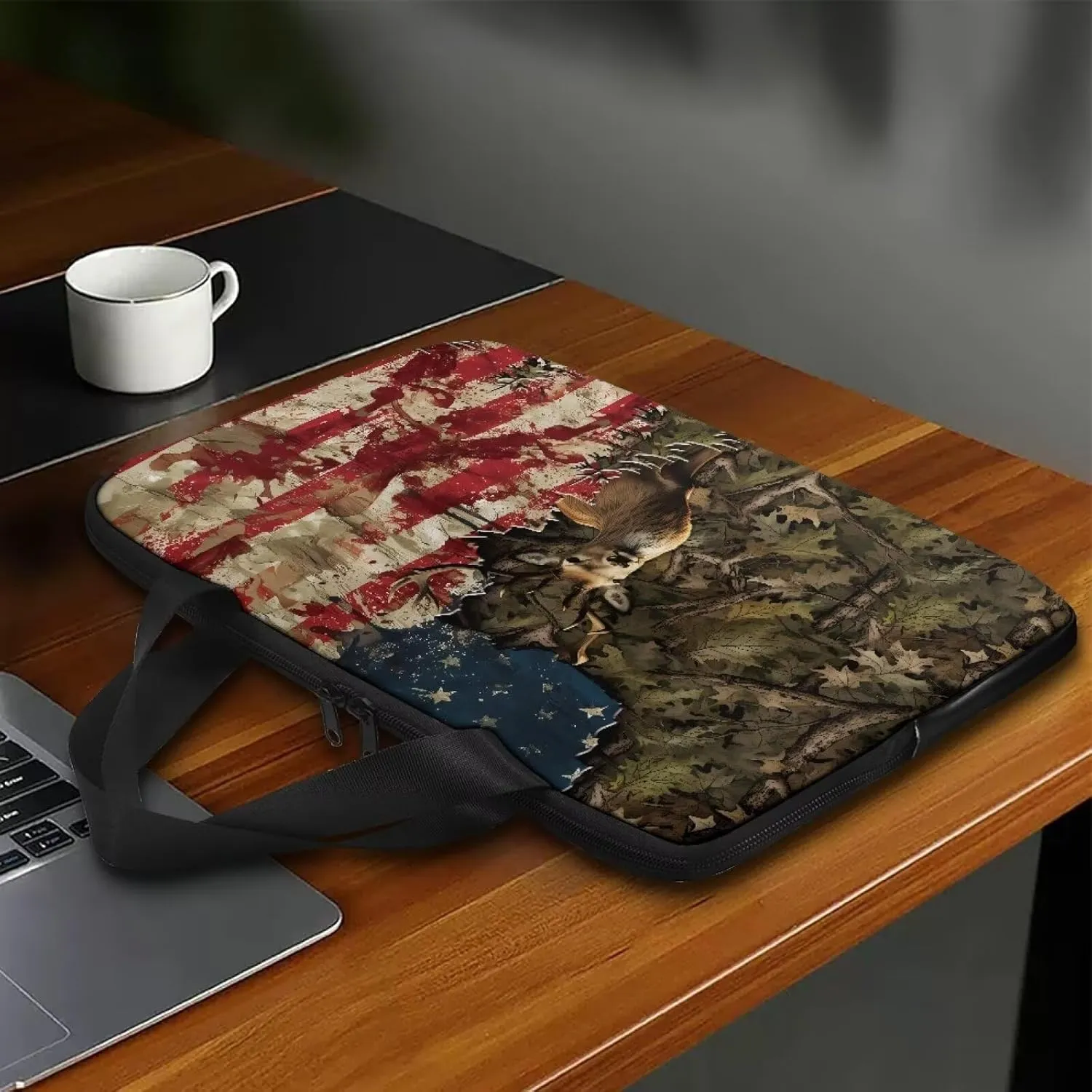 Laptop Bag for Women Men Casual Carrying Bag Durable and Waterproof Briefcase Computer Case with Zipper and Handle Business Office Work Bag, Forest Camo American Flag Deer Print, 17 inch