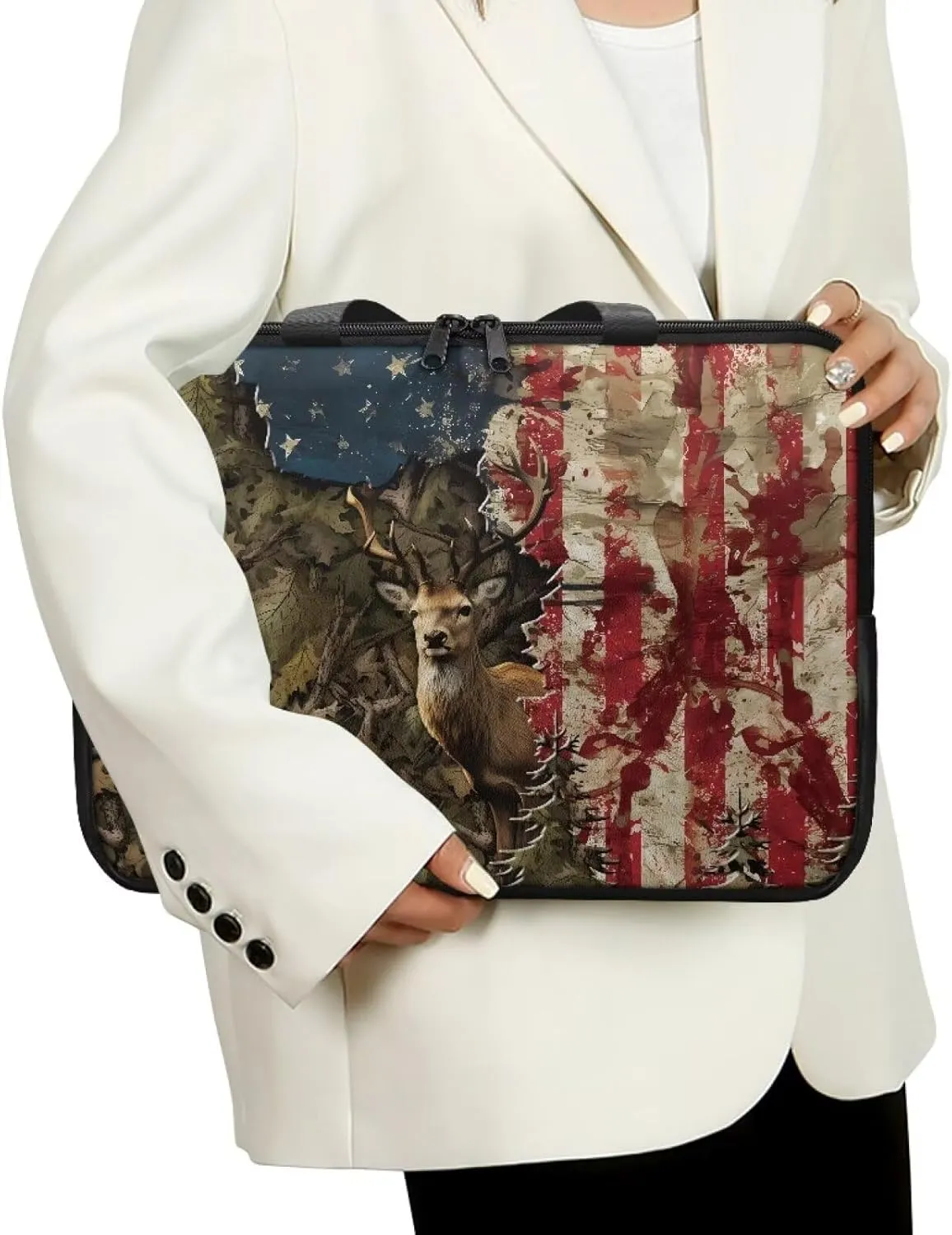 Laptop Bag for Women Men Casual Carrying Bag Durable and Waterproof Briefcase Computer Case with Zipper and Handle Business Office Work Bag, Forest Camo American Flag Deer Print, 17 inch