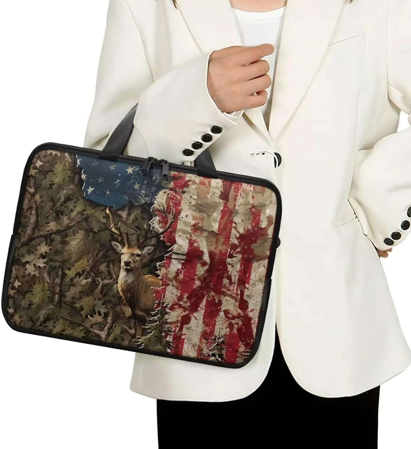 Laptop Bag for Women Men Casual Carrying Bag Durable and Waterproof Briefcase Computer Case with Zipper and Handle Business Office Work Bag, Forest Camo American Flag Deer Print, 17 inch