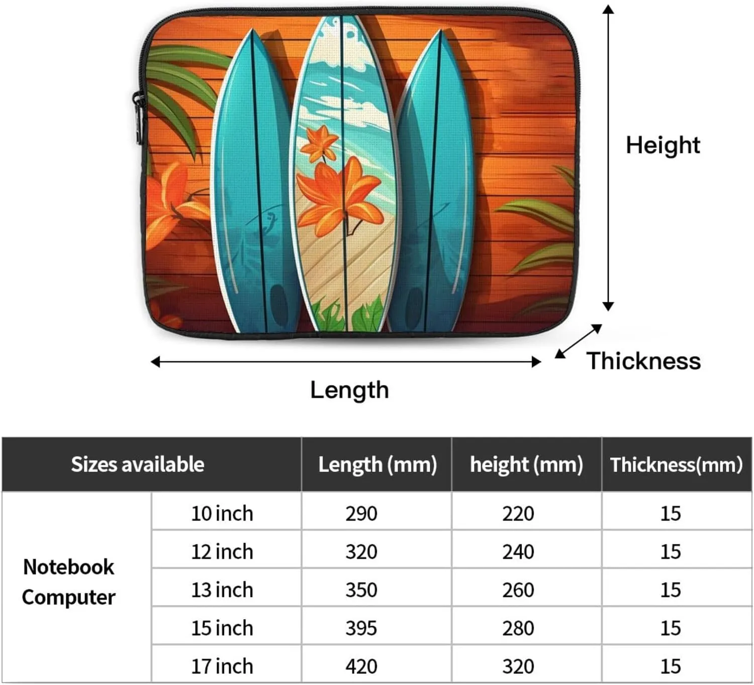 Laptop Case Sleeve Surfboard On Wooden Laptop Bag Computer Carrying Case 13 Inch Notebook Cover