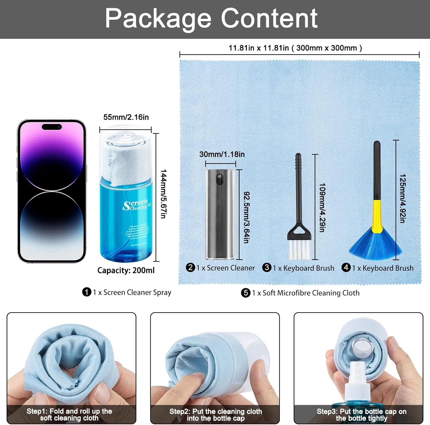 Laptop Screen Cleaner Kit, walrfid 6.8oz Car Touchscreen Mist Cleaning Tool for iPad, iPhone, Mac, Phone, Tablet, Computer Monitor LED TV Screen, Eyeglasses with Keyboard Brush and Microfiber Cloth