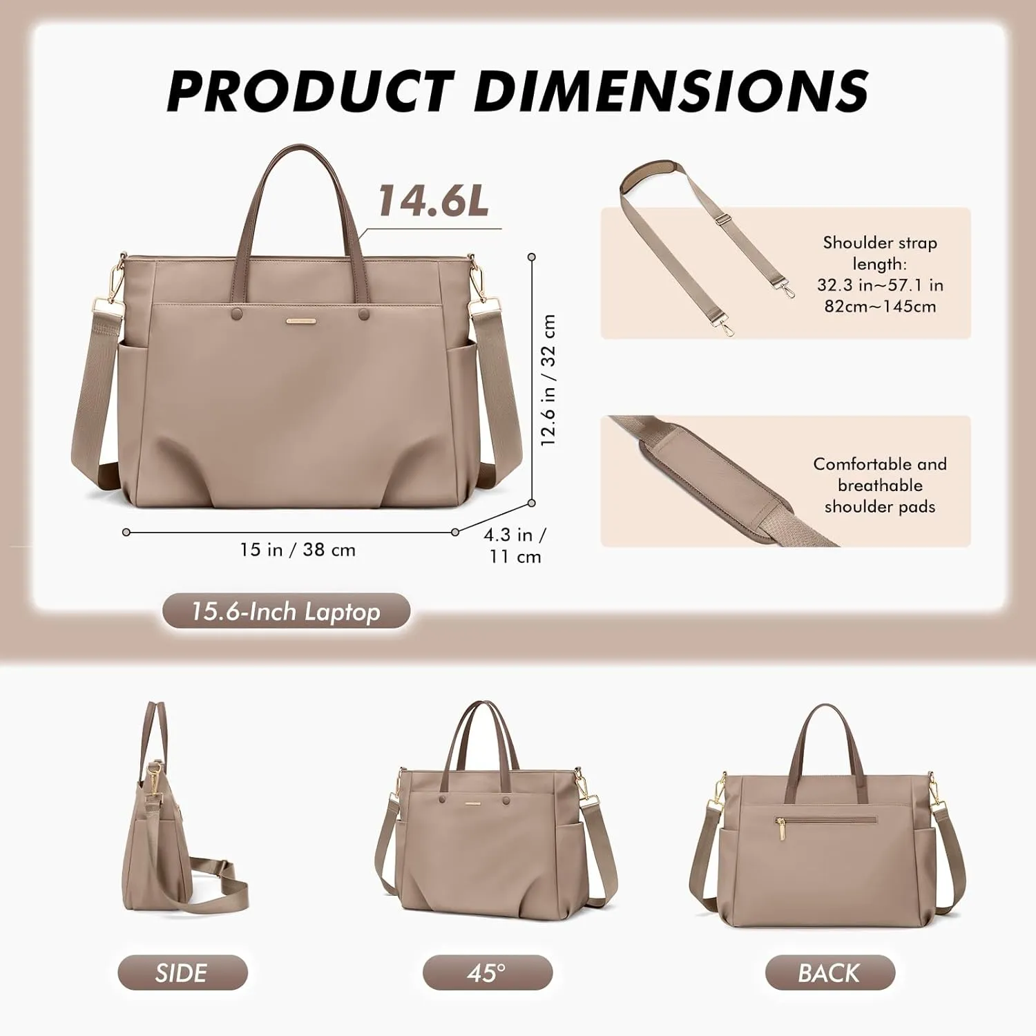 Laptop Tote Bag 15.6 Inch, Computer Shoulder Bag Large Work Tote Bag for Women, Laptop Carrying Case Stylish Handbag for Business Travel (Champagne)