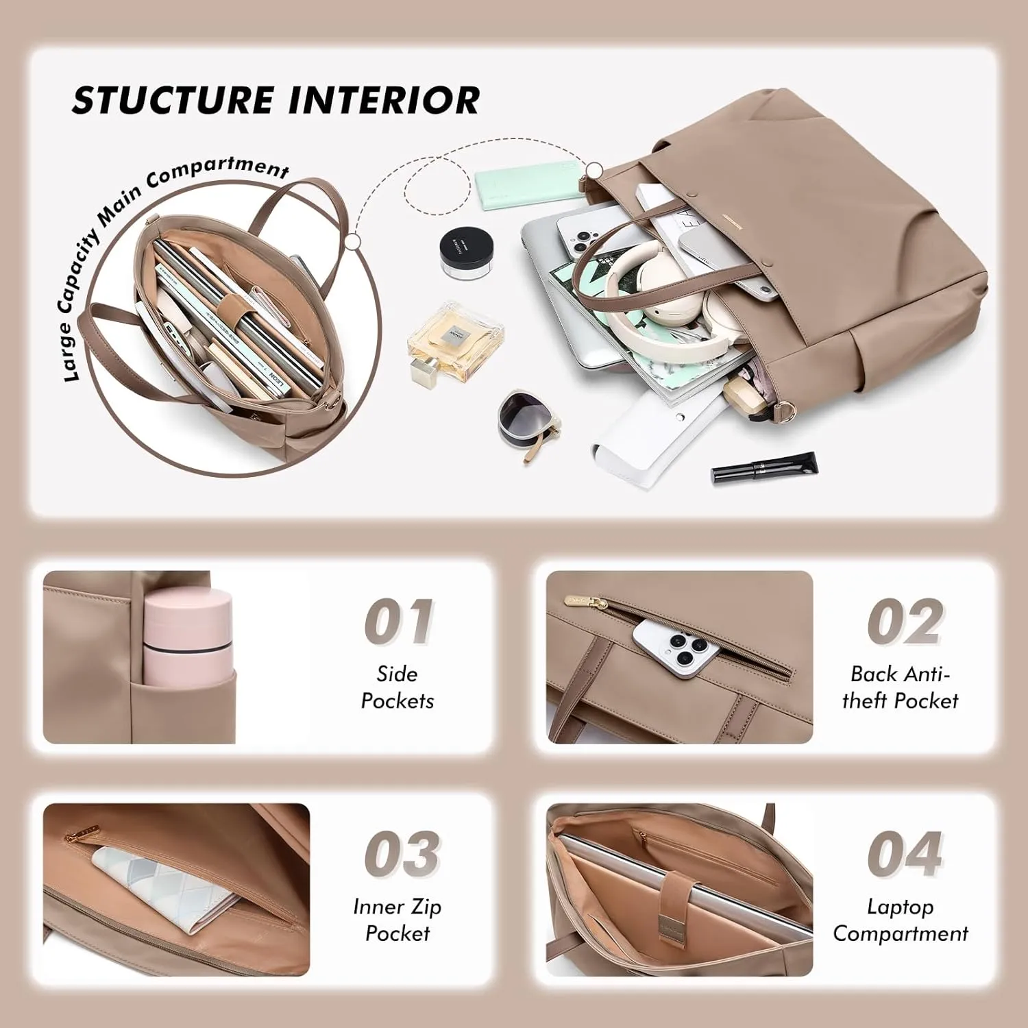 Laptop Tote Bag 15.6 Inch, Computer Shoulder Bag Large Work Tote Bag for Women, Laptop Carrying Case Stylish Handbag for Business Travel (Champagne)