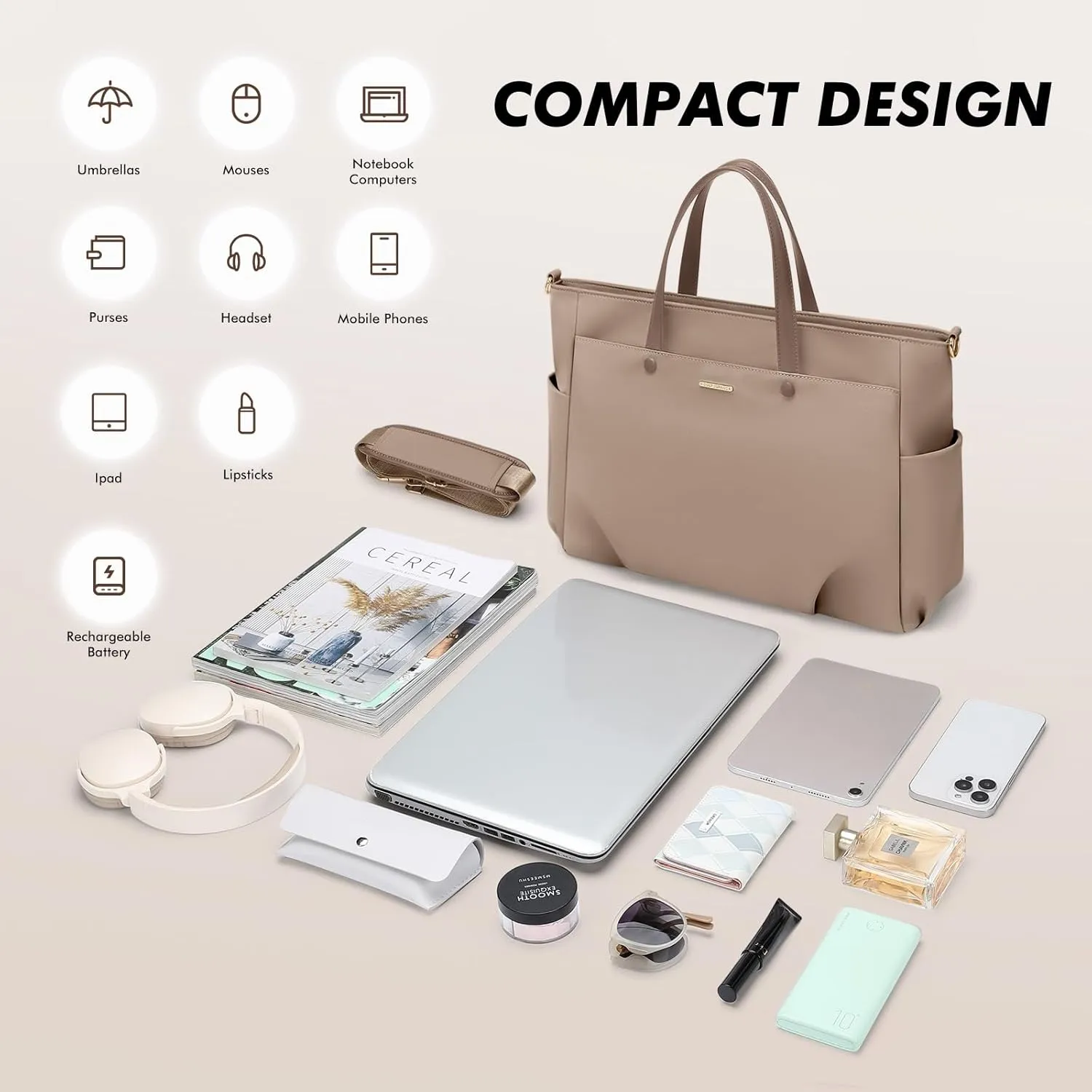 Laptop Tote Bag 15.6 Inch, Computer Shoulder Bag Large Work Tote Bag for Women, Laptop Carrying Case Stylish Handbag for Business Travel (Champagne)