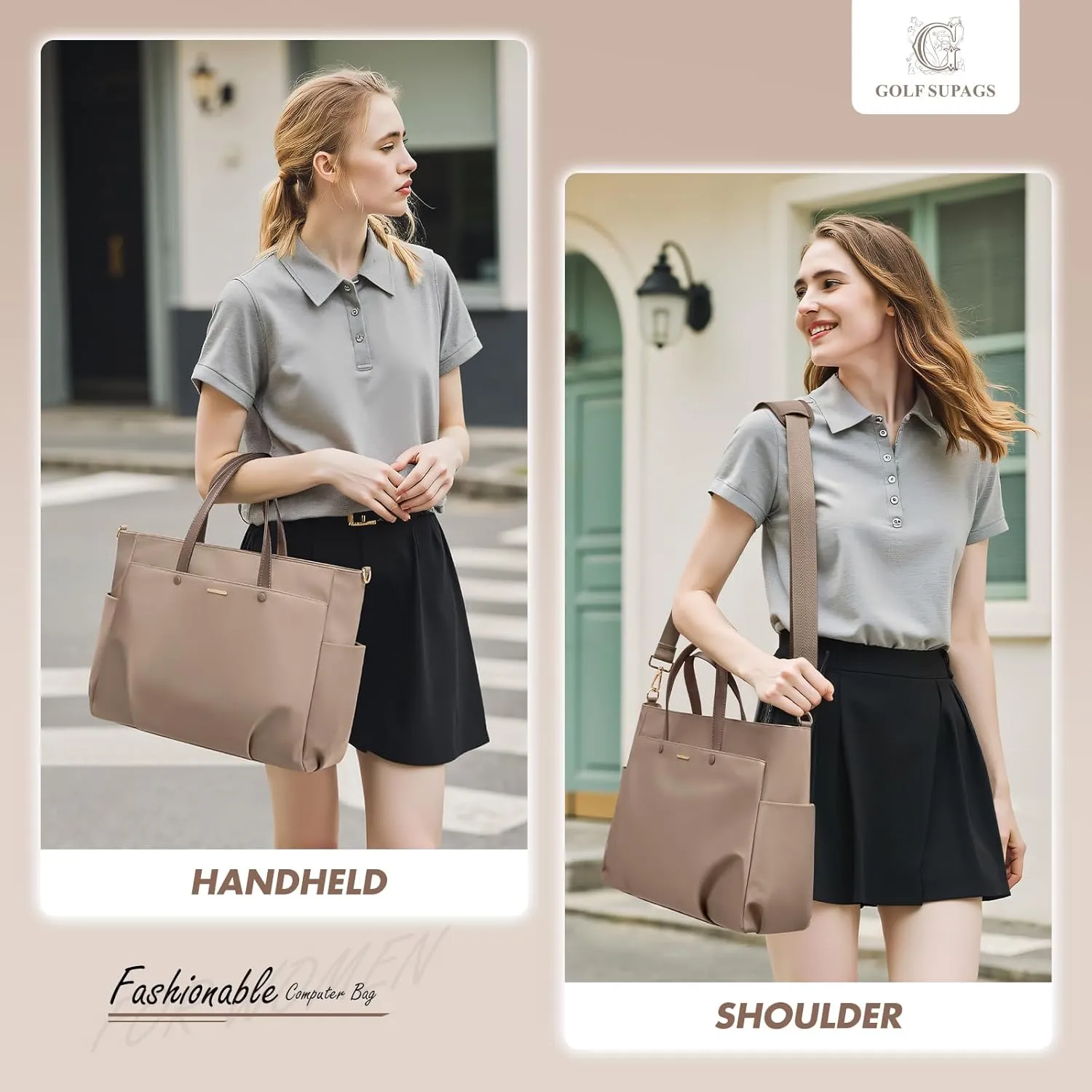 Laptop Tote Bag 15.6 Inch, Computer Shoulder Bag Large Work Tote Bag for Women, Laptop Carrying Case Stylish Handbag for Business Travel (Champagne)