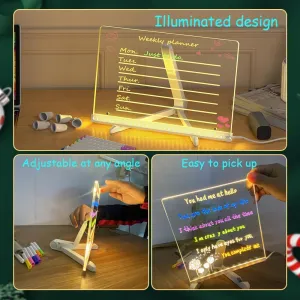 Large Led Note Board with Colors,Led Light Up Acrylic Message Board,Led Drawing Writing Board,Led Illuminated Drawing Board Dry Erase Board with Stand and 7 Pens for Office School (11.8 * 7.87in)