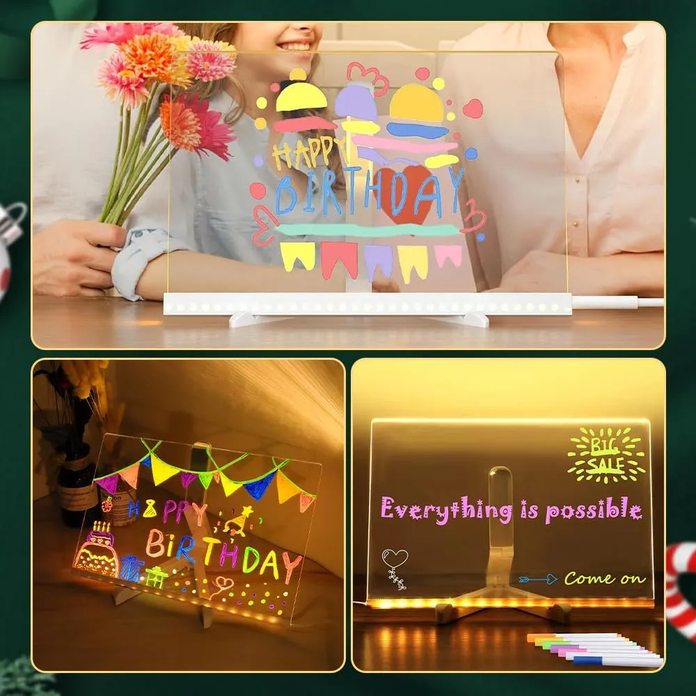 Large Led Note Board with Colors,Led Light Up Acrylic Message Board,Led Drawing Writing Board,Led Illuminated Drawing Board Dry Erase Board with Stand and 7 Pens for Office School (11.8 * 7.87in)