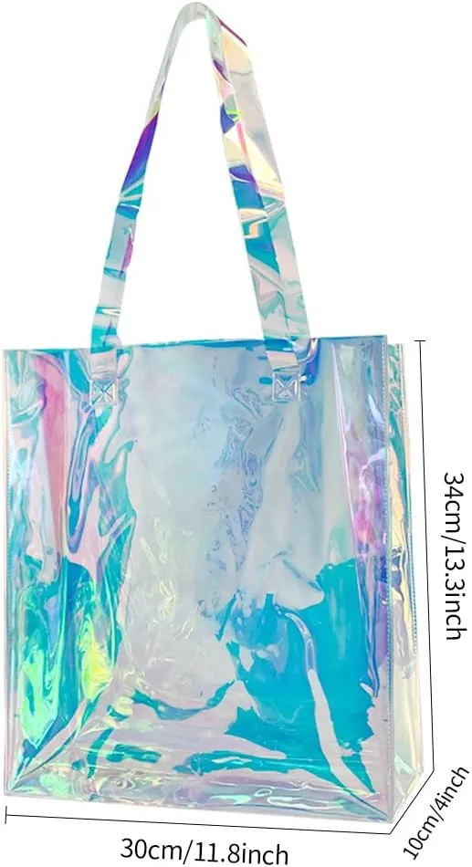 Large Purple Holographic Tote Shopping Bag Waterproof Sandproof Iridescent Beach Totes Bags with Handle for Women