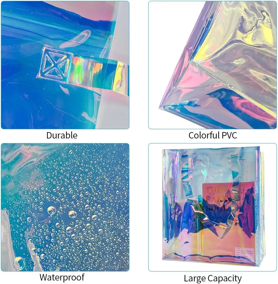 Large Purple Holographic Tote Shopping Bag Waterproof Sandproof Iridescent Beach Totes Bags with Handle for Women