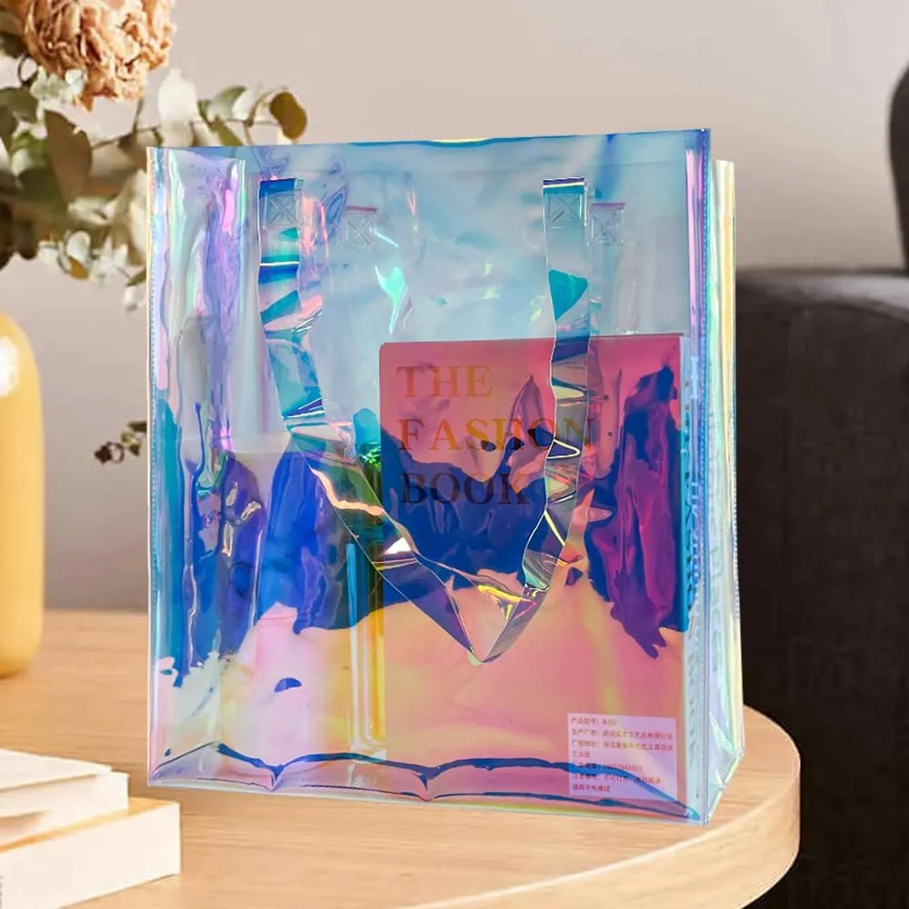 Large Purple Holographic Tote Shopping Bag Waterproof Sandproof Iridescent Beach Totes Bags with Handle for Women