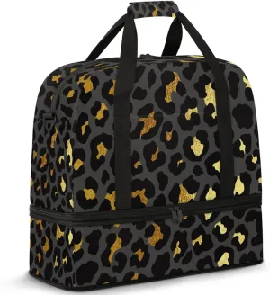 Large Travel Duffel Bag for Women Men Abstract Black Gold Leopard Print Gym Bag Weekender Overnight Bags With Shoe Compartment Foldie Travel Tote Bag Carry On Personal Item Bag for Travel Gym Sports