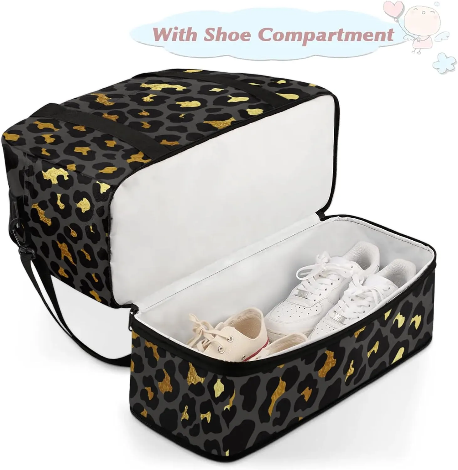 Large Travel Duffel Bag for Women Men Abstract Black Gold Leopard Print Gym Bag Weekender Overnight Bags With Shoe Compartment Foldie Travel Tote Bag Carry On Personal Item Bag for Travel Gym Sports