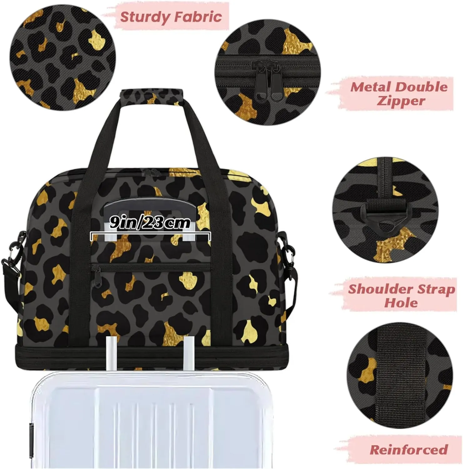 Large Travel Duffel Bag for Women Men Abstract Black Gold Leopard Print Gym Bag Weekender Overnight Bags With Shoe Compartment Foldie Travel Tote Bag Carry On Personal Item Bag for Travel Gym Sports