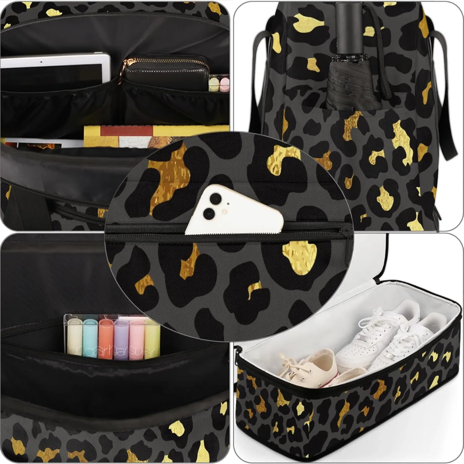 Large Travel Duffel Bag for Women Men Abstract Black Gold Leopard Print Gym Bag Weekender Overnight Bags With Shoe Compartment Foldie Travel Tote Bag Carry On Personal Item Bag for Travel Gym Sports