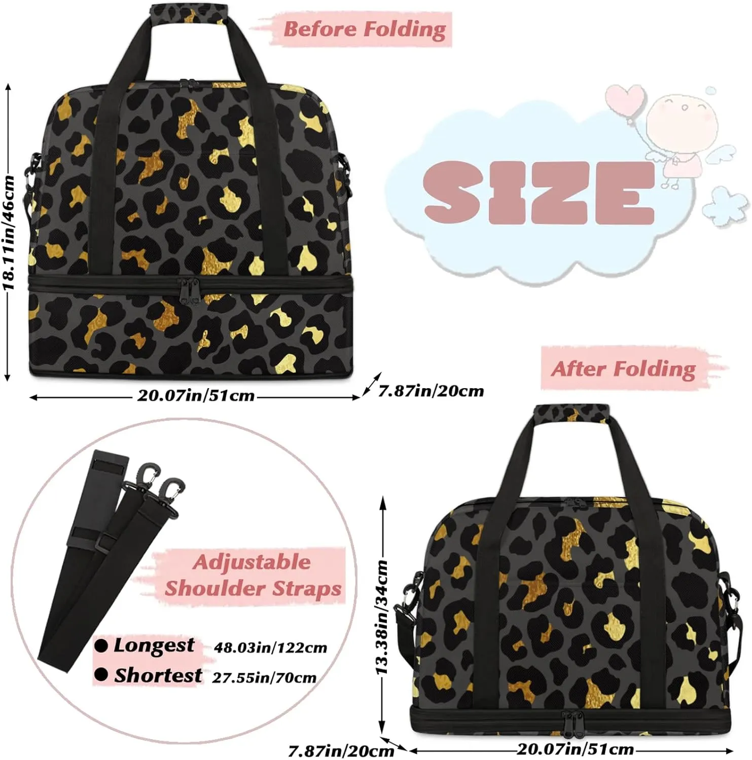 Large Travel Duffel Bag for Women Men Abstract Black Gold Leopard Print Gym Bag Weekender Overnight Bags With Shoe Compartment Foldie Travel Tote Bag Carry On Personal Item Bag for Travel Gym Sports