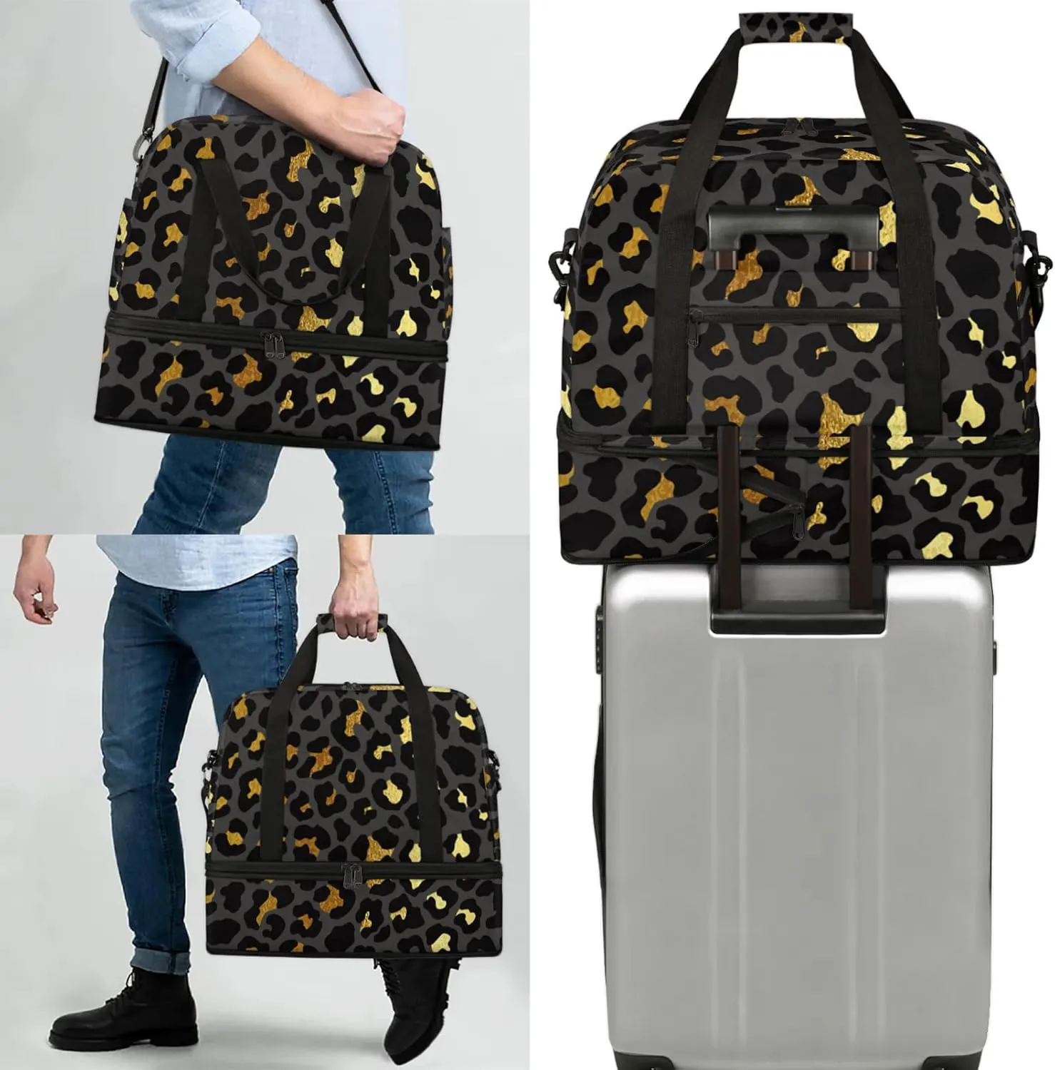 Large Travel Duffel Bag for Women Men Abstract Black Gold Leopard Print Gym Bag Weekender Overnight Bags With Shoe Compartment Foldie Travel Tote Bag Carry On Personal Item Bag for Travel Gym Sports