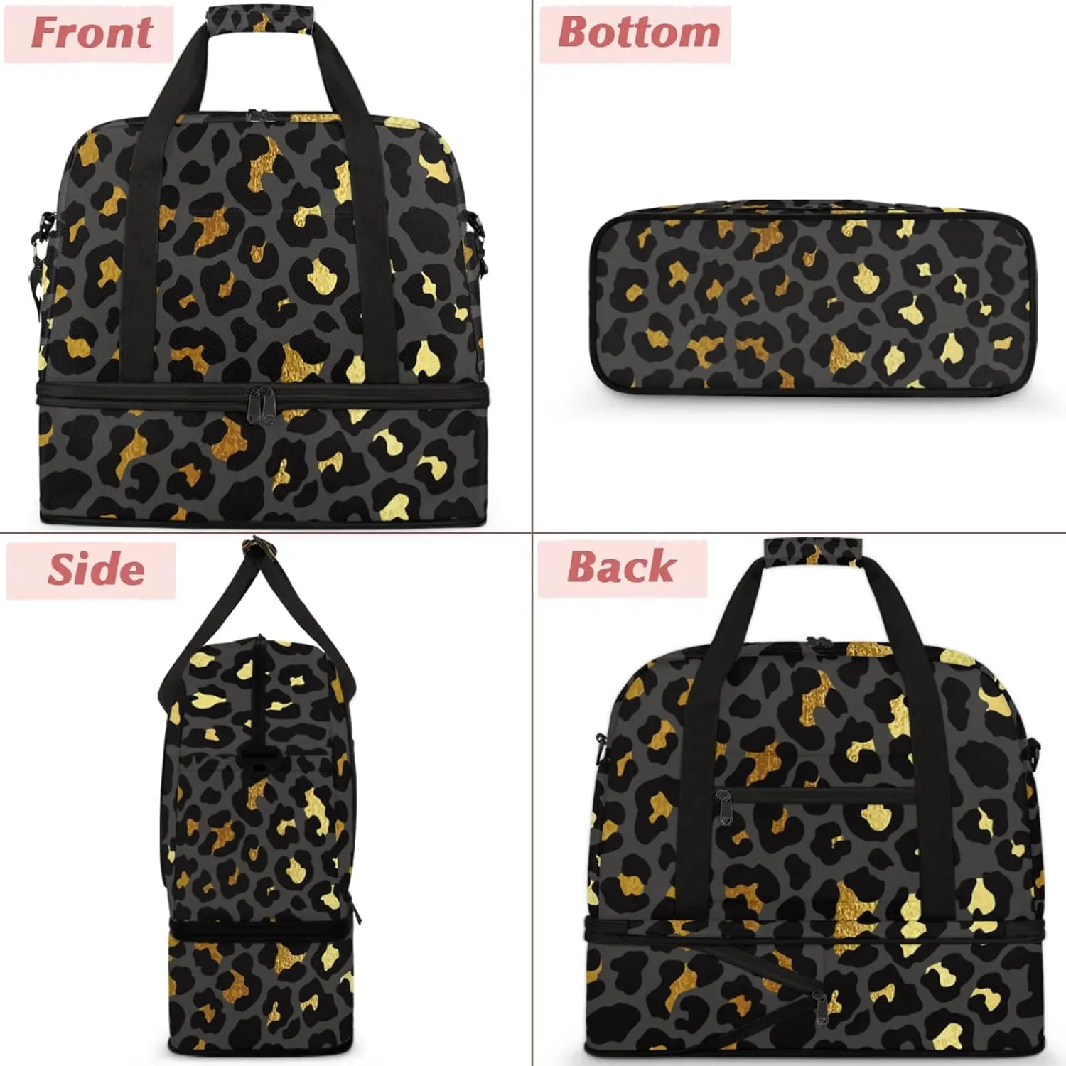 Large Travel Duffel Bag for Women Men Abstract Black Gold Leopard Print Gym Bag Weekender Overnight Bags With Shoe Compartment Foldie Travel Tote Bag Carry On Personal Item Bag for Travel Gym Sports