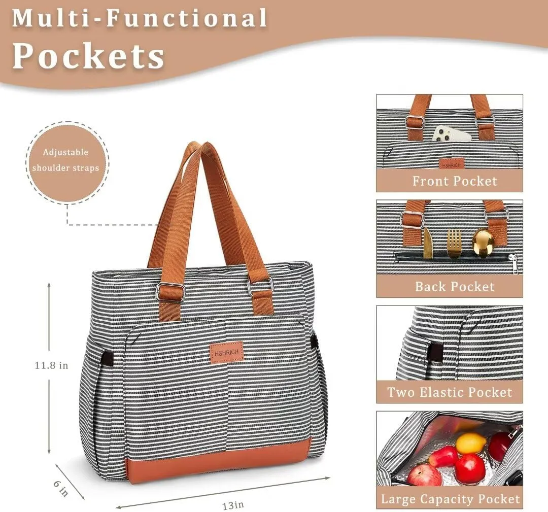 Large Women Lunch Bags for Work/Insulated Adult Lunch Box/Leakproof Cooler Lunch Tote Bag with Storage Pocket. Reusable Lunch Cooler Purse for Work Picnic Hiking 14L, Stripe