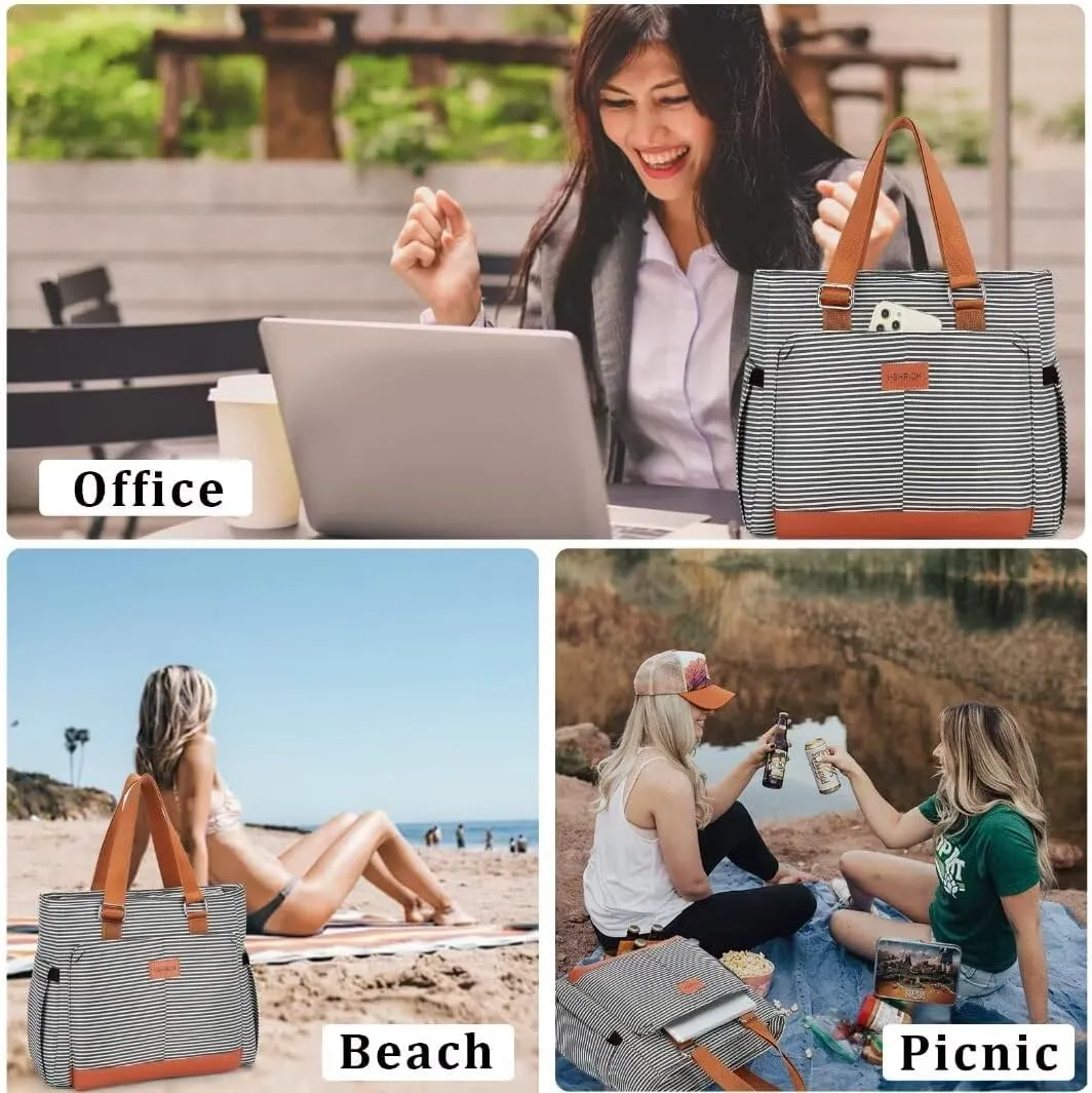 Large Women Lunch Bags for Work/Insulated Adult Lunch Box/Leakproof Cooler Lunch Tote Bag with Storage Pocket. Reusable Lunch Cooler Purse for Work Picnic Hiking 14L, Stripe