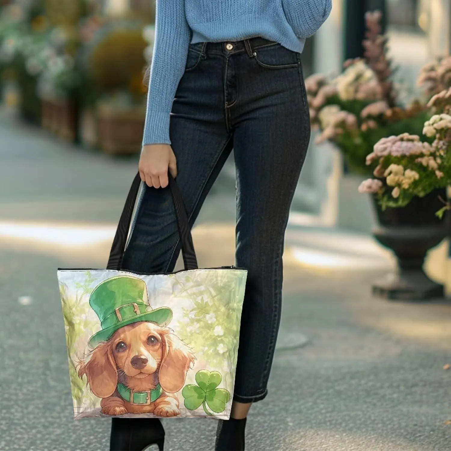 Large Zipper Tote Bag for Gym Work, Holiday Theme Recycle Paper Tote Bags with Handles Reusable Grocery Bag