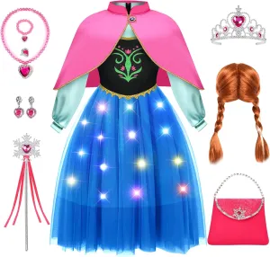 Latocos 11pcs Girls Anna Dress Costume Toddler Kids Light Up Princess Costume Bag Cape Wig Halloween Dress Up Gift