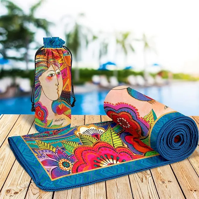 Laurel Burch Mikayla Large Oversized Microfiber Beach Towel - 40x63 Inches, Sand-Free, Quick-Drying, Ultra-Soft, Ideal for Travel, Pool, Yoga, and Camping - Includes Matching Drawstring Travel Pouch