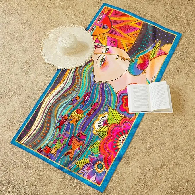 Laurel Burch Mikayla Large Oversized Microfiber Beach Towel - 40x63 Inches, Sand-Free, Quick-Drying, Ultra-Soft, Ideal for Travel, Pool, Yoga, and Camping - Includes Matching Drawstring Travel Pouch