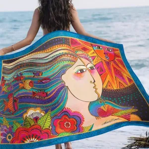Laurel Burch Mikayla Large Oversized Microfiber Beach Towel - 40x63 Inches, Sand-Free, Quick-Drying, Ultra-Soft, Ideal for Travel, Pool, Yoga, and Camping - Includes Matching Drawstring Travel Pouch