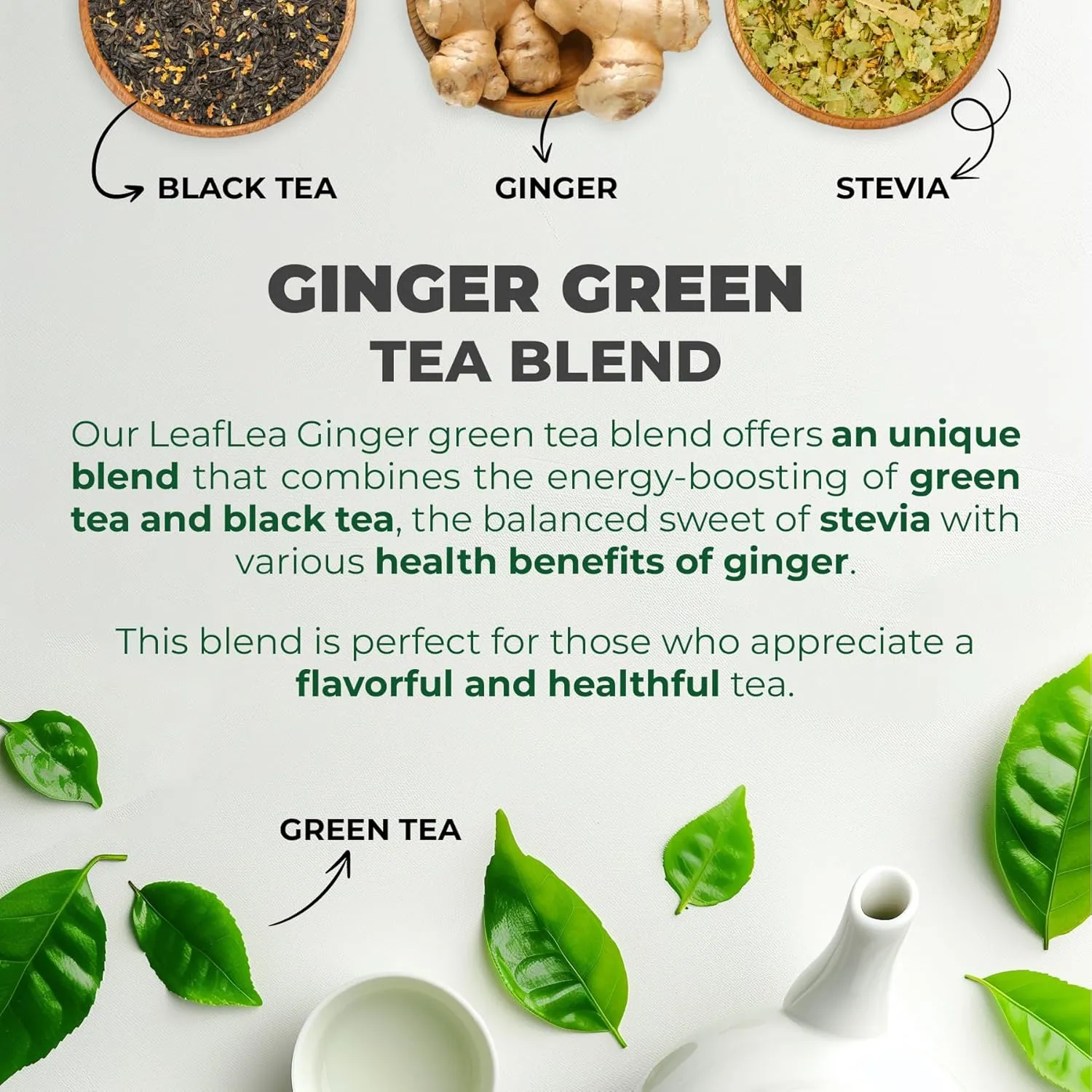 LeafLea Green Tea with Ginger, 80 Tea Bags (2 Packs), Natural Green Tea with Ginger Root, Lightly Sweetened with Stevia, Supports Digestion and Immunity, Low Caffeine, Non-GMO, Gluten-Free