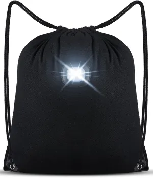 LED Drawstring Backpack Bag with Light USB Rechargeable String Bag Cotton Canvas Sackpack Women Men Gifts for Gym Beach Travel Camping (Black)