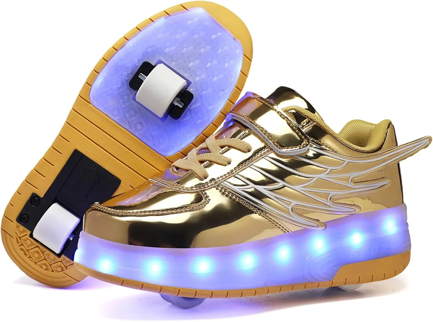 LED Roller Skate Shoes for Kids Boys Girls Light Up Roller Sneakers with Detachable Wheels Rechargeable Flashing Wheeled Shoes Gold