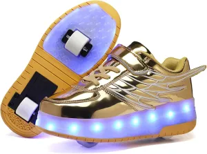 LED Roller Skate Shoes for Kids Boys Girls Light Up Roller Sneakers with Detachable Wheels Rechargeable Flashing Wheeled Shoes Gold