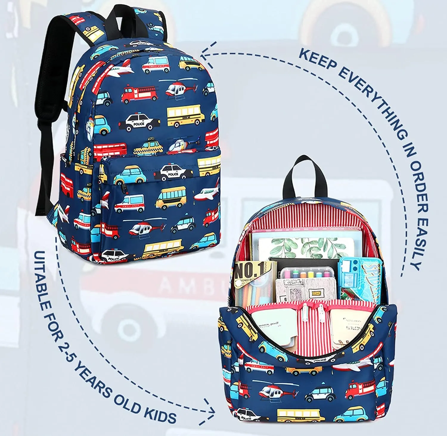 LEDAOU Toddler Kids Backpack for Boys Car Pattern Preschool Kindergarten School Backpack Bookbag School Bag with Chest Strap (Car Airplane)