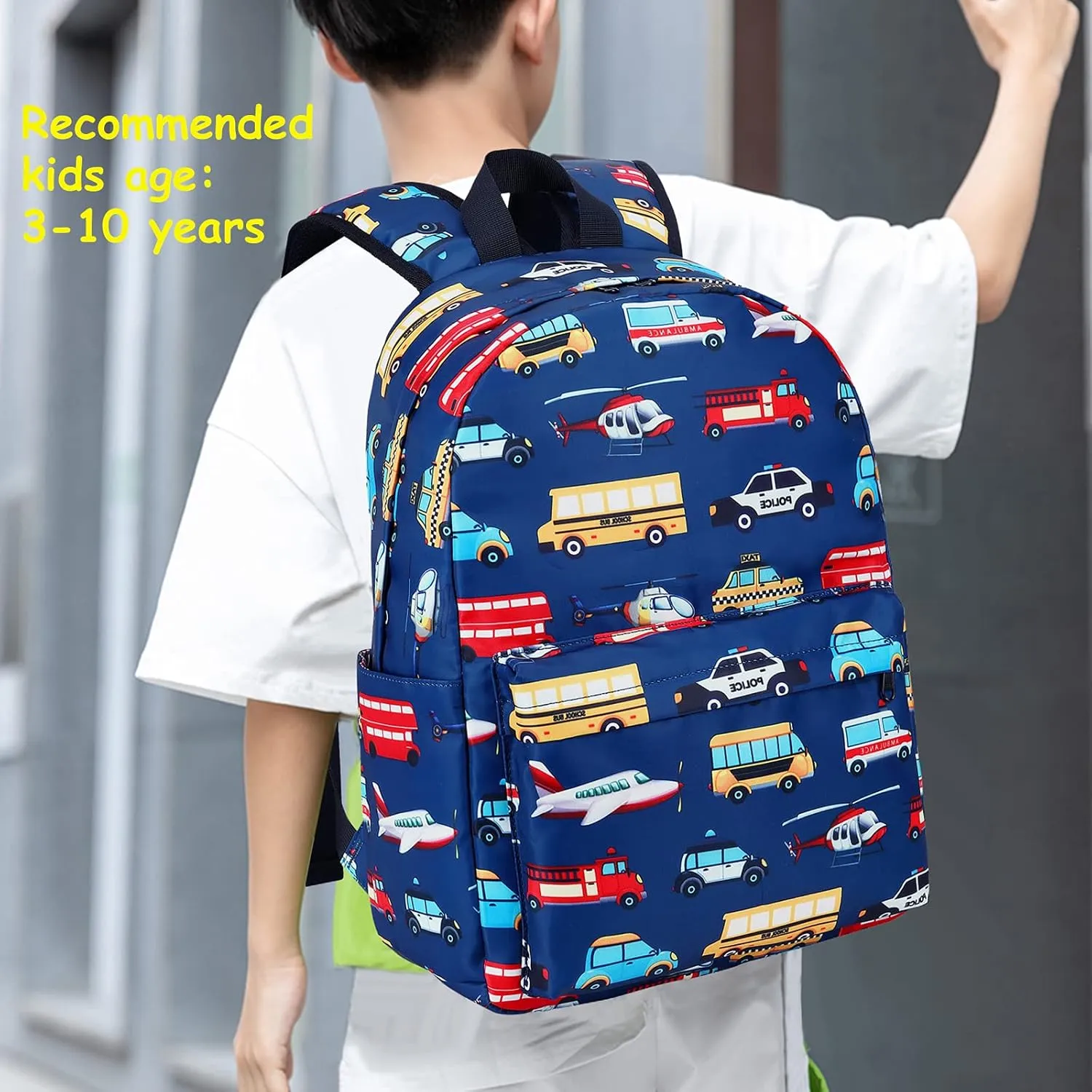 LEDAOU Toddler Kids Backpack for Boys Car Pattern Preschool Kindergarten School Backpack Bookbag School Bag with Chest Strap (Car Airplane)